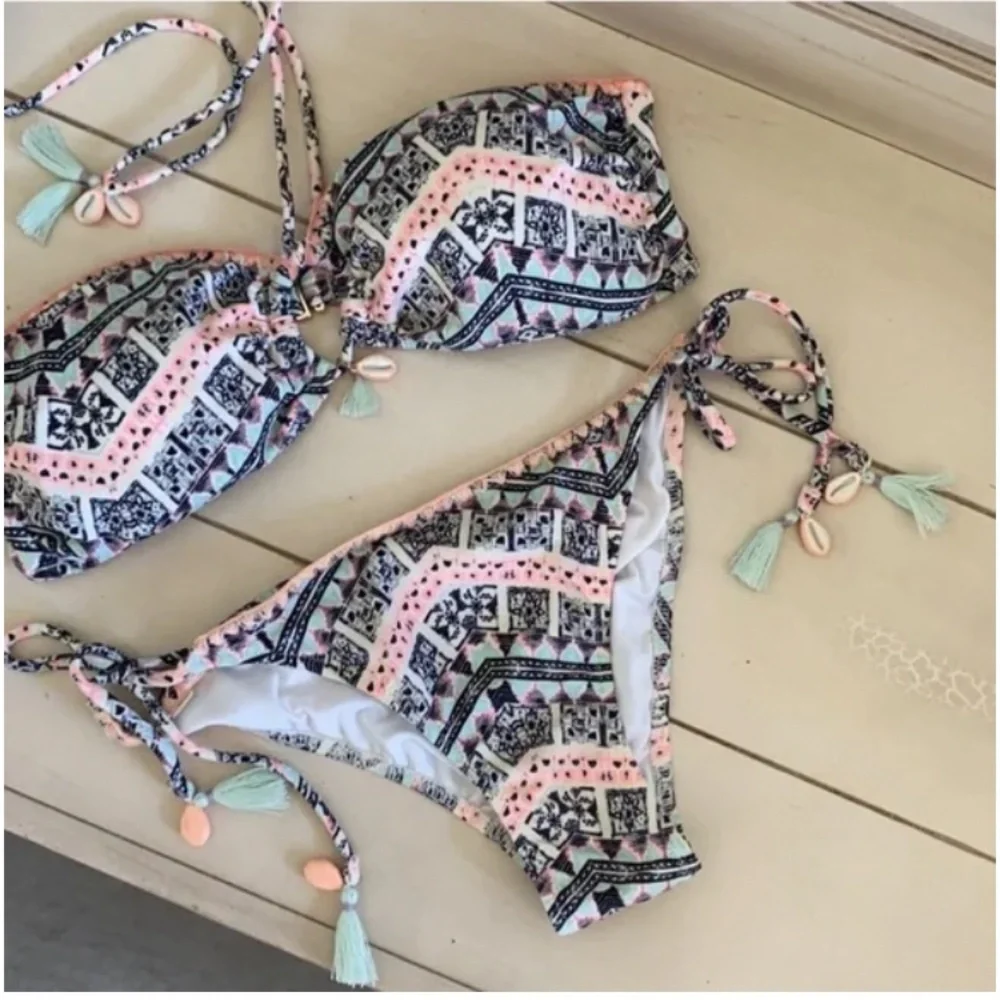 🪞 NWT SET VS printed seashells tube top + side tie bikini bottom matching set